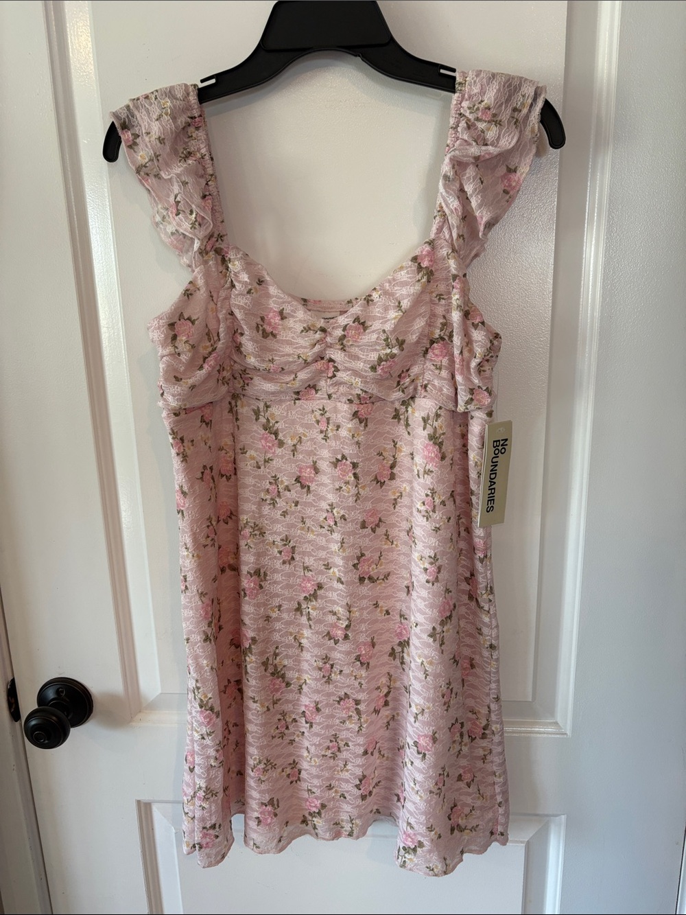 Juniors Y2K Lace Pink Floral Ruffle Sweetheart Neckline Dress - NWT - 12 - 14